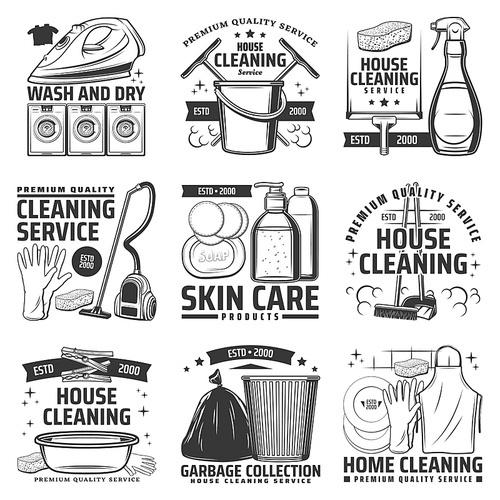 House cleaning, laundry wash and dry service, skin care and hygiene products, vector icons. Premium quality housekeeping service company signs of vacuum cleaner, detergent, sponge and soap bubbles