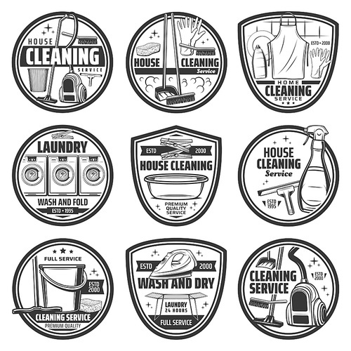 Cleaning, laundry and washing vector icons, house cleaning. Home vacuum cleaner and iron, laundry washing machine and mop sponge, detergent and cleanser, utencil and service icons with soap bubbles