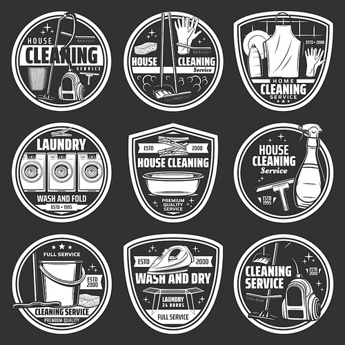 House cleaning and laundry service vector icons. Vacuum cleaner, mop, bucket and cleaning spray, sponge, broom and brush, washing machine, detergent, window squeegee and soap, gloves and apron