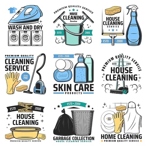 House cleaning and hygiene vector icons. Vacuum cleaner, iron and washing machine, rubber gloves, broom and dustpan, detergent and squeegee, trash bucket and bag. Laundry and house cleaning service