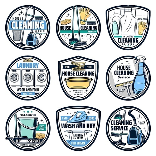 Cleaning and laundry housework icons, wash and clean service, vector. Home cleaning and laundry washing machine, cleaner mop, brush and broom, wash sponge, duster and spray, vacuum cleaner and bucket