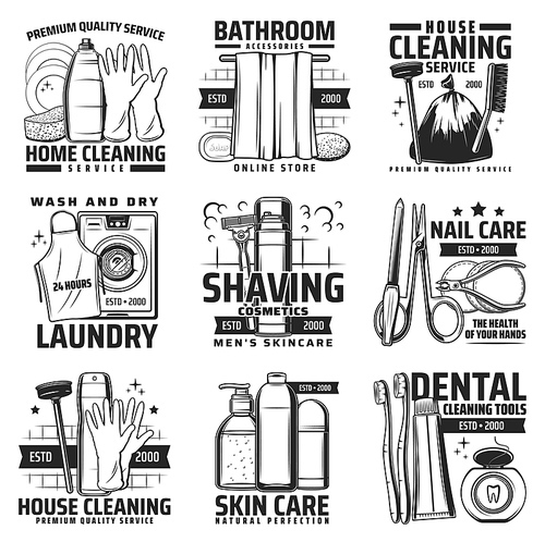 House cleaning, personal hygiene and washing icons. Cleaning service, laundry and dental hygiene accessory shop emblems. Shaving or skin care cosmetics and tools, detergents, rubber gloves vector