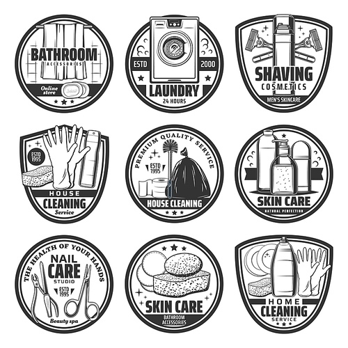 Washing, hygiene and home cleaning retro icons. House cleaning service detergents and supplies, shaving cosmetics, nail and skin care tools, bathing accessories, laundry monochrome vector emblems