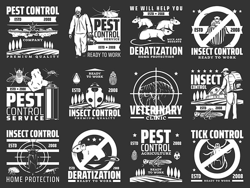 Pest control, disinsection company service vector icons. Home protection retro emblems with insects and animals ladybug, fly and beetle, locust, mite or rat with cockroach pest control labels set