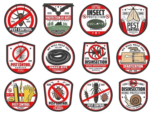 Pest control icons, disinfection, extermination and deratization service, vector signs. Insects and rodents pest control, home disinfestation from rats, bugs and moth, snakes and cockroaches