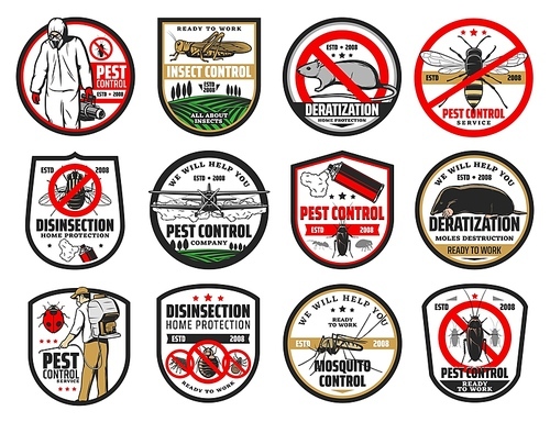 Pest control isolated icons with vector pest bugs and insects, insecticide and exterminator, cockroach, mosquito and fly, ant, mite, spider and flea, rat, mouse, termite. Pest control service design