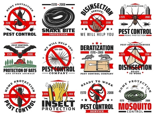 Pest control disinfection, extermination service vector disinfection and deratization. Domestic sanitary pest control from insects and rodents, rats, bugs snakes and cockroaches disinfestation