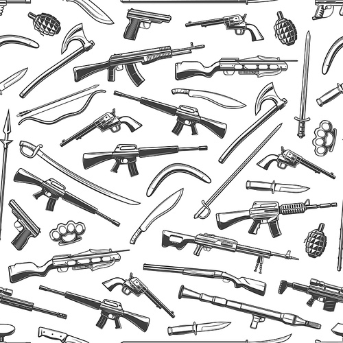 Weapons seamless pattern background with vector sniper rifles, machine guns and shotguns, hand grenades, knives and halberd, swords, axes and machete, spears, bows, arrows. Firearms and melee weapons