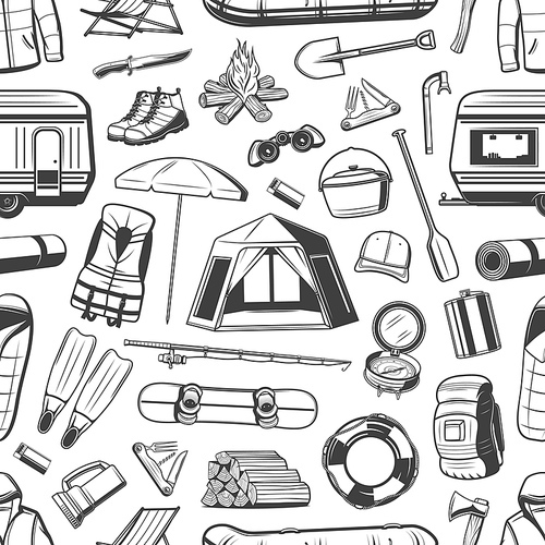 Sport hobby, camping and hiking recreation activities seamless pattern. Vector background of camp tent, camper trekking backpack, snowboarding and diving equipment, kayaking boat and travel van