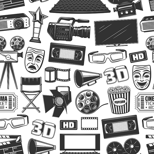 Movie cinema and cinematography industry seamless pattern. Vector background of cinema movie theater, producer clapperboard, VHS video camera and cinema 3D glasses, popcorn, actor award and projector