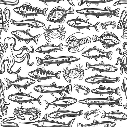Fish and marine animals monochrome seamless pattern. Vector sketches of seafood, lobster crabs and prawn shrimps, pike and eel, ocean mackerel. Fishery animals, flounder and herring, trout and octopus