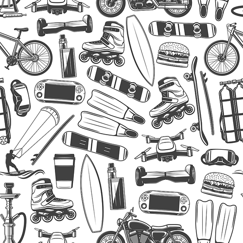 Hobby sport activities and recreation equipment seamless pattern. Vector skating and surfing, bicycle and motorcycle, video games. Fast Food hamburger and hookah and life vest, roller skate and vape