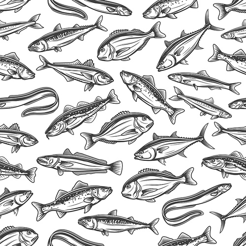 Fishes seamless pattern of ocean and sea fish catch. Vector background of dorado, eel and salmon or trout, bream and tuna, sheatfish and cod, perch and sardines fish pattern