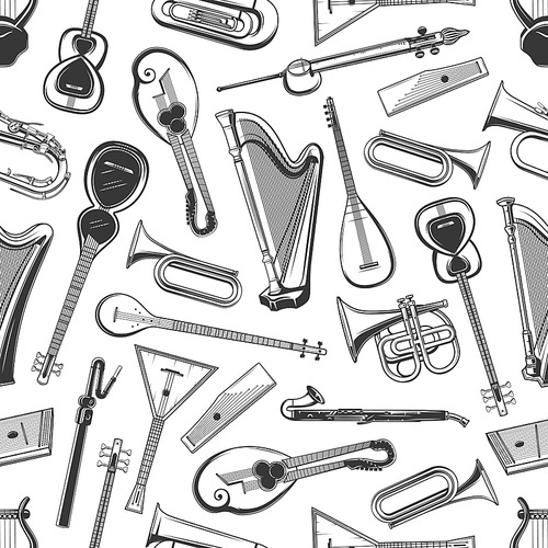 Music instruments vector seamless pattern background. Classic orchestra, jazz and folk musical instruments, mandolin and harp, sitar or zither and lute, balalaika and flute, banjo and cello pattern