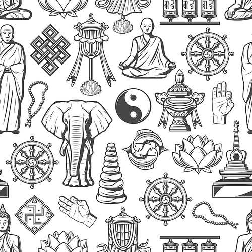 Buddhism symbols and Zen Dharma religious icons seamless pattern. Vector Buddha monk mudra, Yin Yang fish sign or temple drums, elephant and Buddhist beads, stones or swastika and lotus pattern