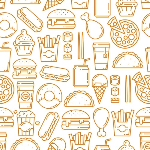 Fast food seamless pattern, thin line art background. Vector hot dogs, burgers or sandwiches and desserts, Mexican burrito, cheeseburger or hamburger and and fries pattern