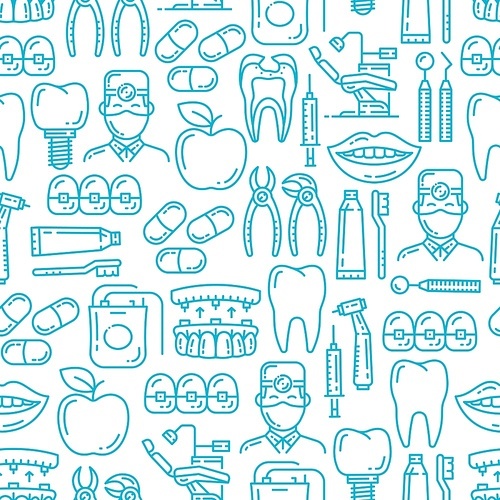 Dental medicine seamless patter. Vector background of dentistry line icons, dentist doctor with tooth implant, apple and smile or orthodontic braces and dental surgery equipment pattern