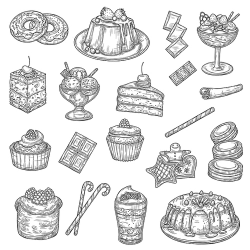 Cake and pastry dessert sketches of sweet food. Vector cakes, cupcakes and muffins with chocolate cream, fruit pie, ice cream and chocolate candy, donuts, biscuits or cookies, macarons and cheesecake