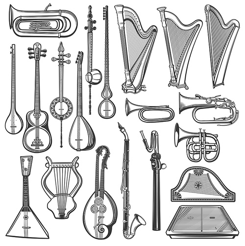 Musical instruments, vector sketch. Isolated harps, tuba, bugle and clarinet, trumpet, vintage lyre, balalaika and gusli, cornet and cymbalo, tar and saz, kamancheh and tanbur, music objects
