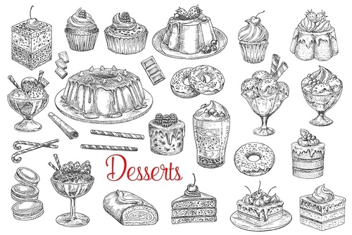 Cakes and pastry sweets, bakery desserts, vector sketch icons. Hand drawn patisserie sweet desserts, tiramisu cake, chocolate cupcake with berries and fruits, ice cream and waffle biscuit and donut