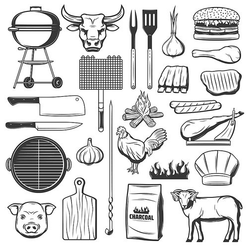 BBQ grill, barbecue party, meat, hamburgers and sausages vector icons. Picnic BBQ beef burger and chicken legs, charcoal fire and garlic spice, mutton ribs and jamon, cutlery knife, fork and spatula