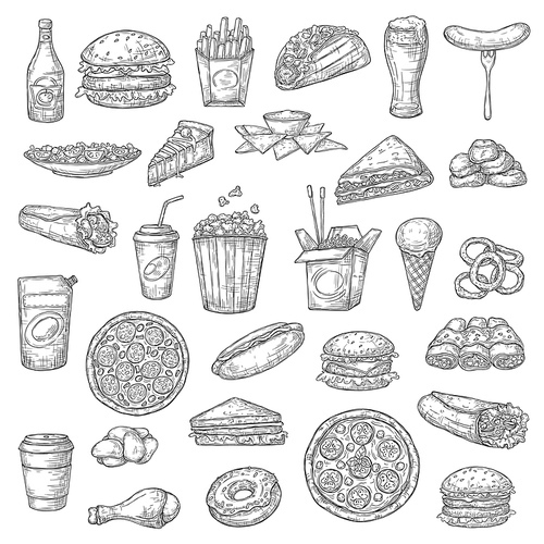 Fast food burgers, drinks and desserts vector sketch icons. Pizza and hamburger sandwich, chicken wings, nuggets and hot dog, burrito and tacos, french fries and noodles, ice cream and popcorn