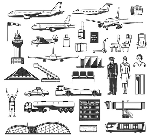 Aviation vector icons, airport equipment and airline staff. Airplane tickets, passport and security control, flights schedule and tickets, passenger seats and airstairs, shuttle bus and taxi