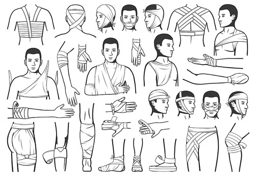 Trauma bandaging, wound first aid, vector characters. Accident injury emergency ward and trauma ambulance service. Traumatology first medical aid, arm and leg head and wrist fracture bandage