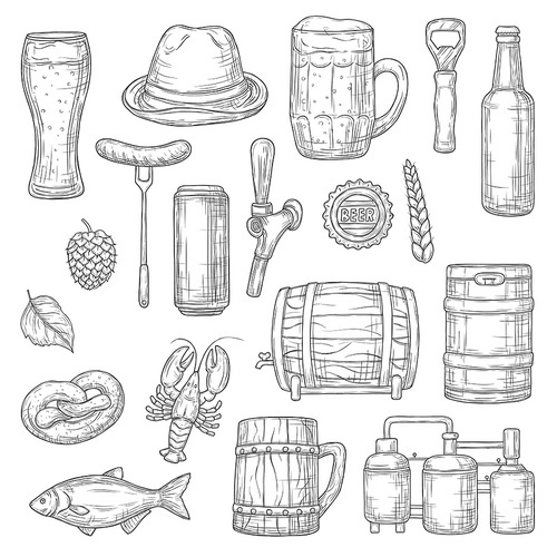 Beer alcohol drink isolated sketches of brewery, bar and pub vector design. Glass, bottle and mug of craft beer, ale and lager barrel, wheat, hop, sausage and pretzel, brewing tank and keg objects