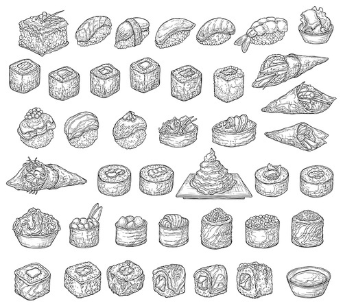 Japanese sushi set, isolated vector sketches of Asian food. Sushi rolls, temaki, nigiri and uramaki, fish and rice hosomaki, gunkan maki and futomaki with wasabi sauce and pickled ginger, bento menu