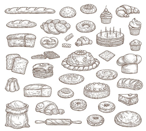 Bread and pastry isolated sketch icons, vector food of bakery shop. Bread, cake, baguette and croissant, cupcake, toast, donut and muffin, bun, pretzel, pie, cookie and waffle, cereal flour and dough