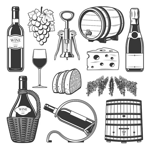 Wine production, winemaking and wine drinking culture icons. Vector winery wooden barrel, vintage grape vine harvest, champagne or sparkling wine with corkscrew, bread and cheese snacks