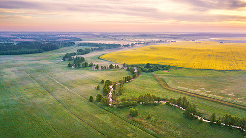 Spring morning aerial rural panorama. Sunrise over green and yellow blooming colza fields. Clouds of fog and small river with trees on riverbank. Belarus, Europe
