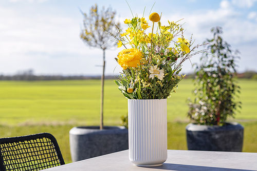 Yellow wildflowers in a white vase on a terrace in a rural environment