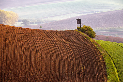 Arable lands in spring. Hunting box in Czech Moravia hills