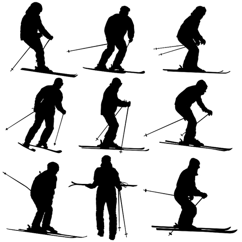 Set mountain skier speeding down slope sport silhouette.
