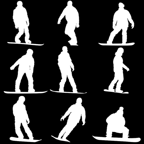 Set black silhouettes snowboarders on white background.