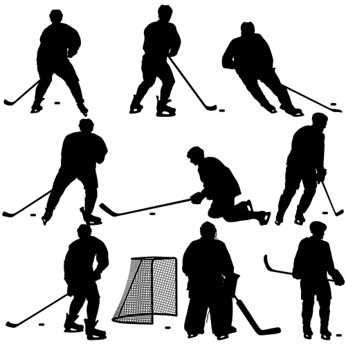 Set of silhouettes of hockey player on white background.