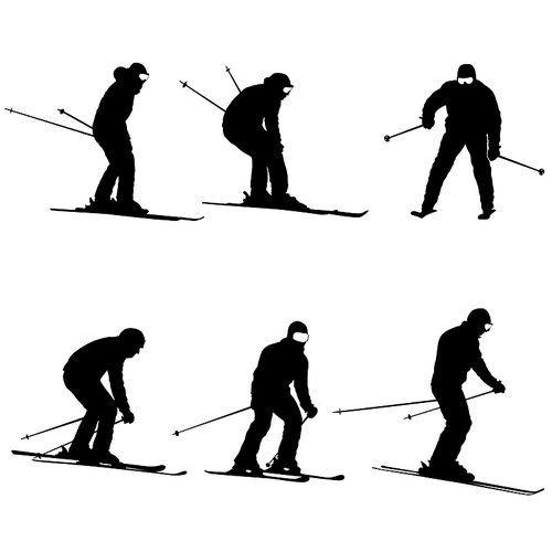 Set mountain skier speeding down slope sport silhouette.