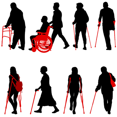 Set silhouette of disabled people on a white background.