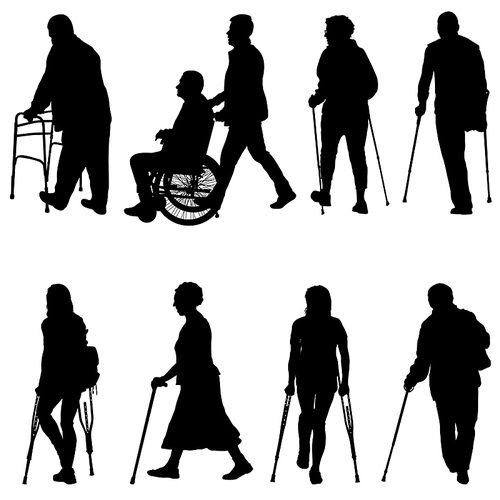 Set silhouette of disabled people on a white background.