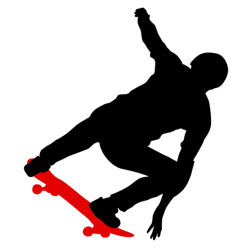 Black silhouette of an athlete skateboarder in a jump.