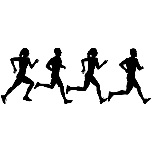 Set of silhouettes. Runners on sprint men and women on white background.