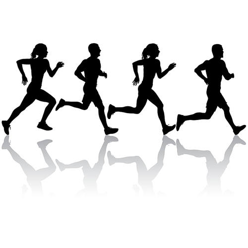 Set of silhouettes. Runners on sprint men and women on white background.