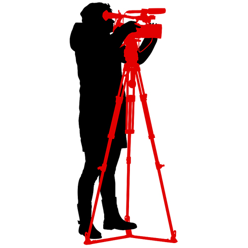 Camerawoman with video camera. Silhouettes on white background.