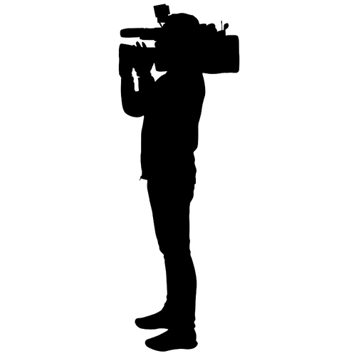Cameraman with video camera. Silhouettes on white background.