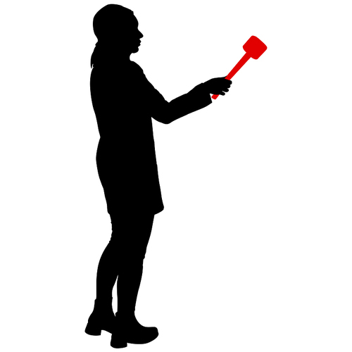 Silhouette operator removes journalist with microphone on a white background.
