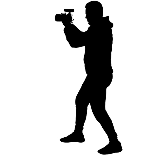 Cameraman with video camera. Silhouettes on white background.