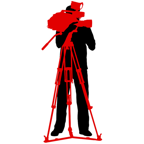 Cameraman with video camera. Silhouettes on white background.