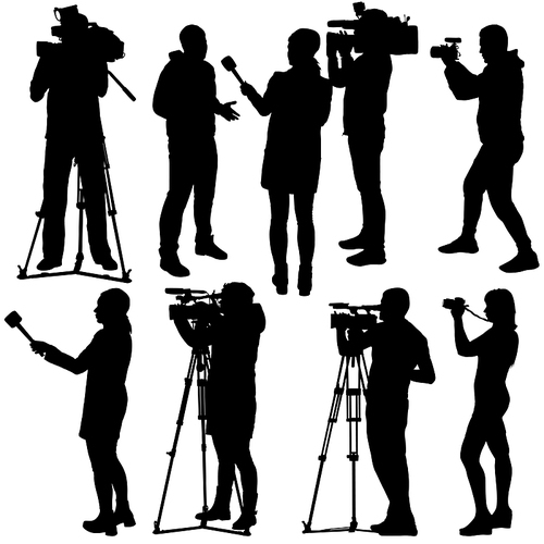 Set cameraman with video camera. Silhouettes on white background.
